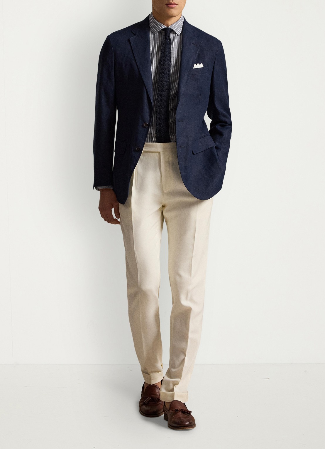 Ralph Lauren Custom fit overhemd in linnenblend met streepprint - detail 2 newport navy white / blauw