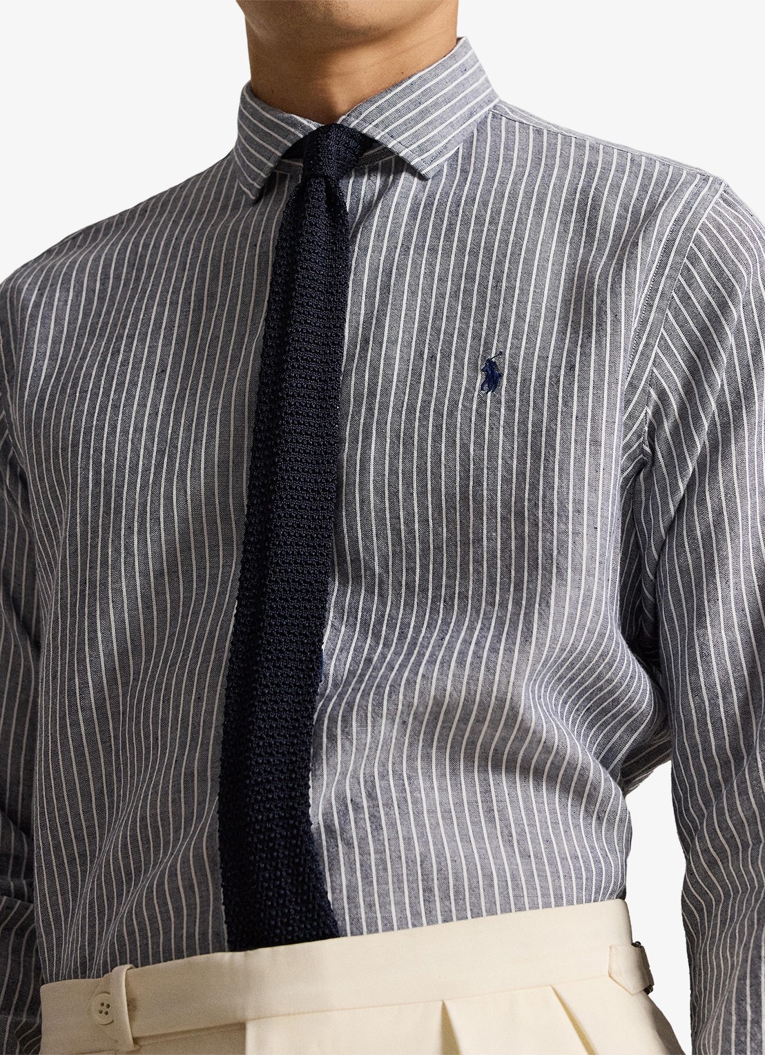 Ralph Lauren Custom fit overhemd in linnenblend met streepprint - detail 3 newport navy white / blauw