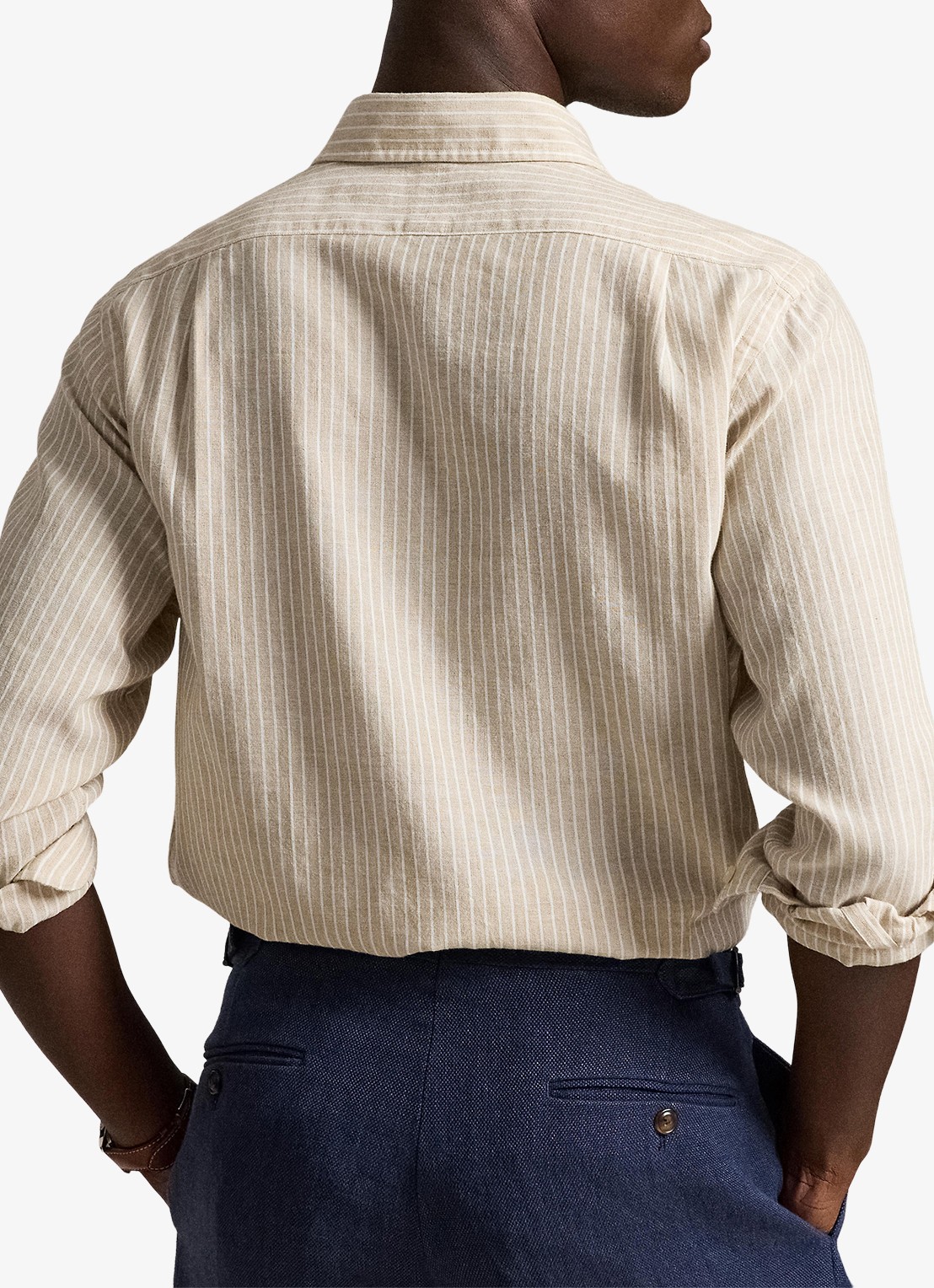 Ralph Lauren Custom fit overhemd in linnenblend met streepprint - achterkant coastal beige white / beige