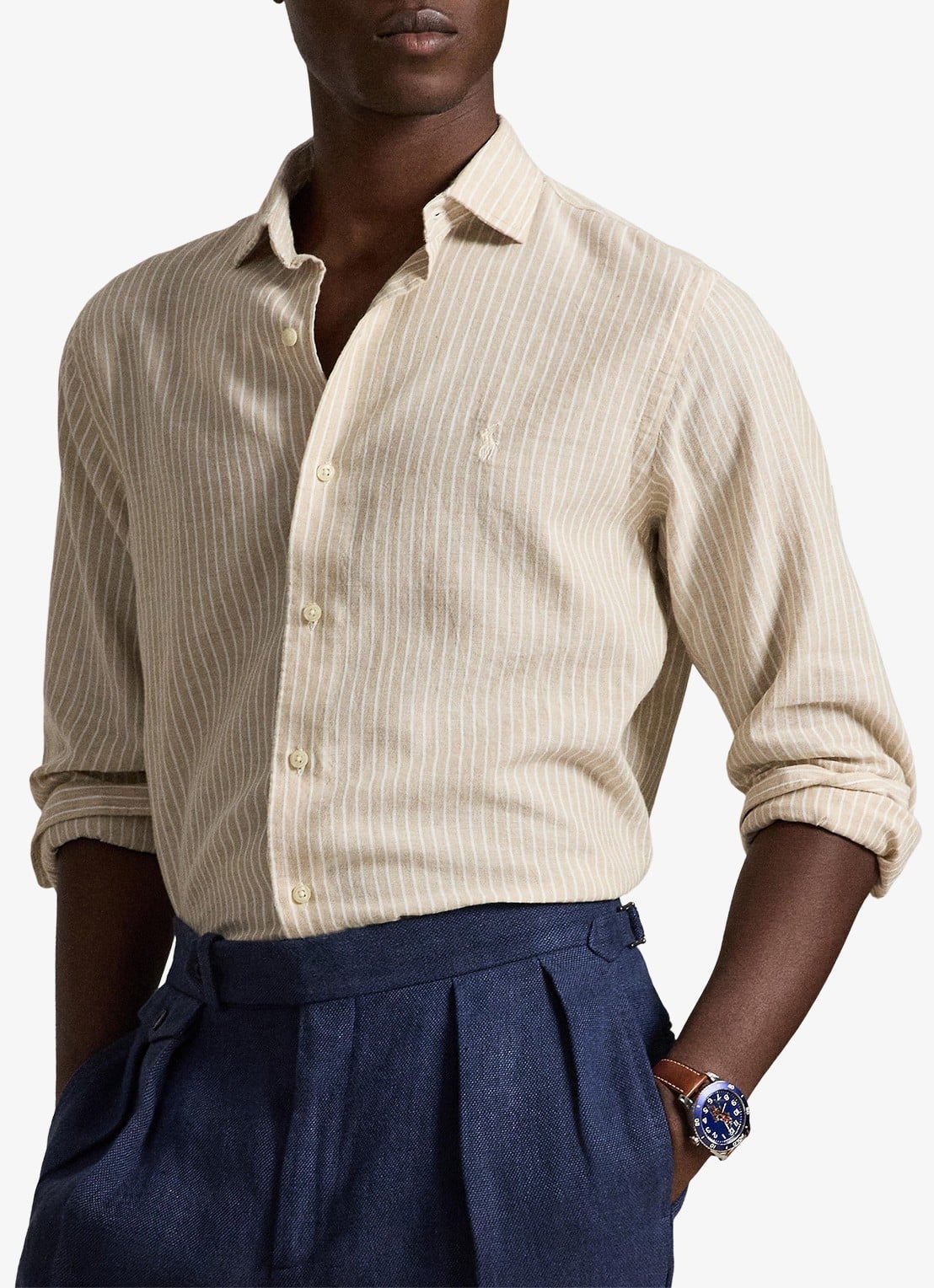 Ralph Lauren Custom fit overhemd in linnenblend met streepprint - voorkant 3 coastal beige white / beige
