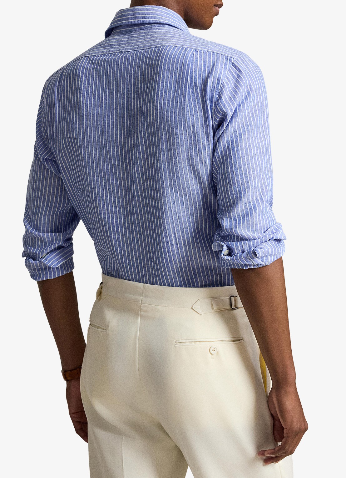 Ralph Lauren Custom fit overhemd in linnenblend met streepprint - achterkant 5 new iris blue white / blauw