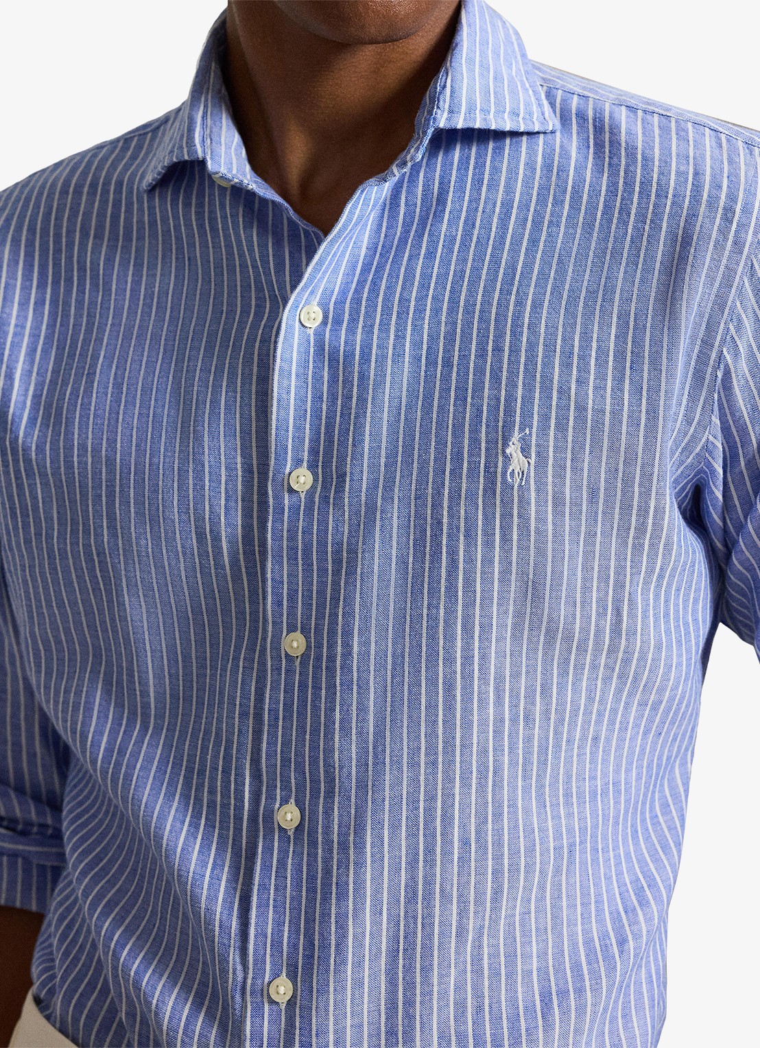 Ralph Lauren Custom fit overhemd in linnenblend met streepprint - detail 2 new iris blue white / blauw