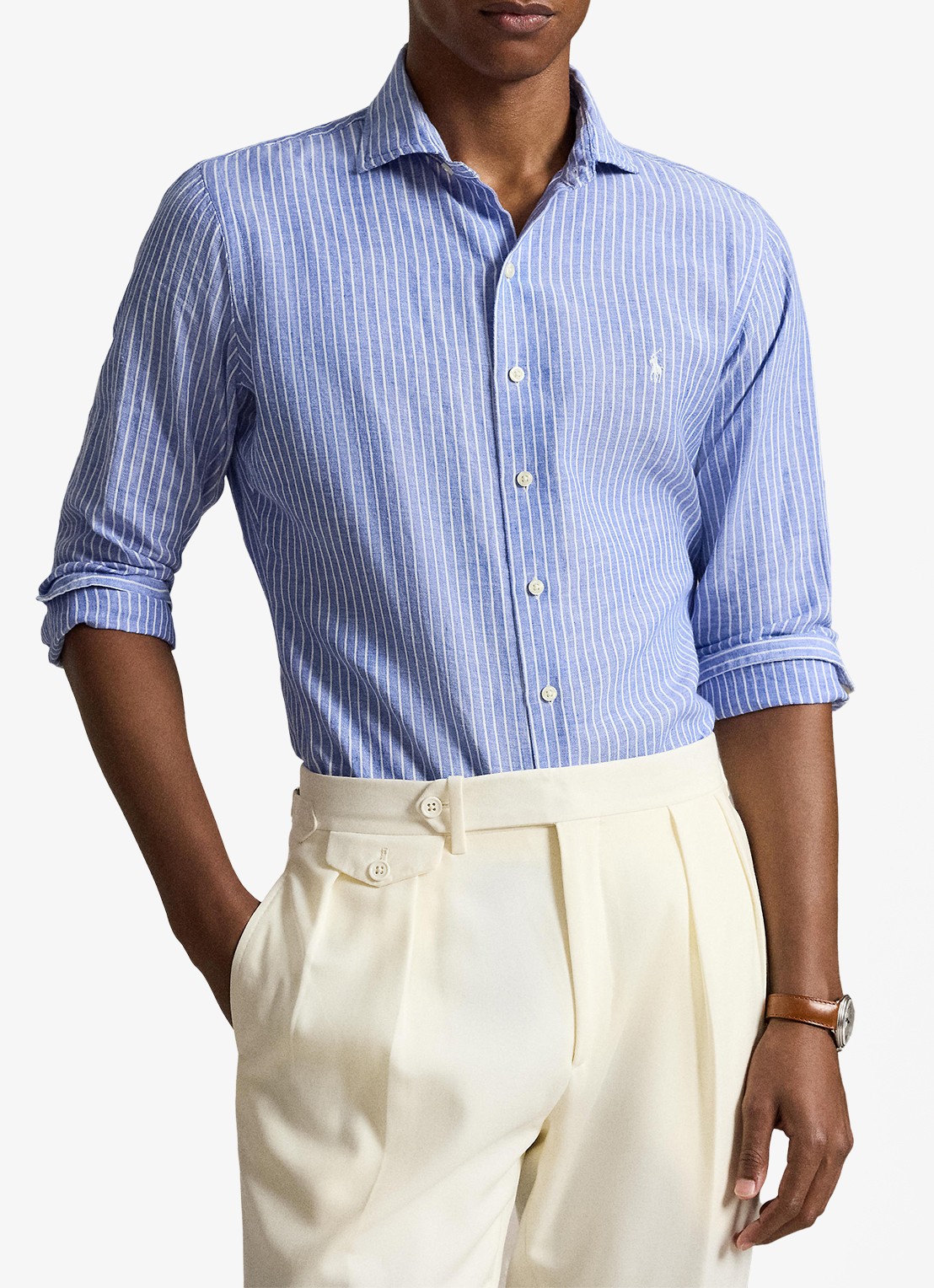Ralph Lauren Custom fit overhemd in linnenblend met streepprint - voorkant 4 new iris blue white / blauw