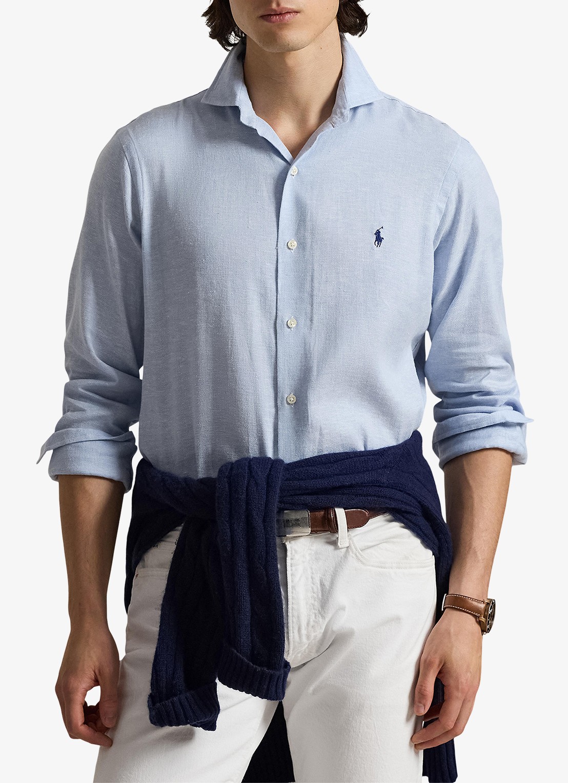 Ralph Lauren Custom fit overhemd in linnenblend - detail 2 7189 blue white / blauw