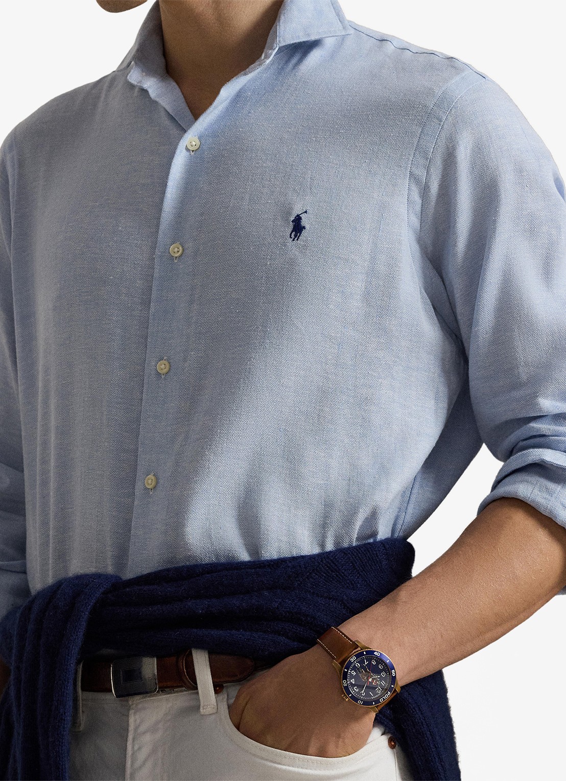 Ralph Lauren Custom fit overhemd in linnenblend - detail 3 7189 blue white / blauw