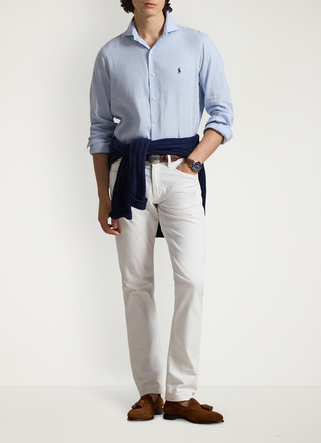 Ralph Lauren Custom fit overhemd in linnenblend - voorkant 6 7189 blue white / blauw