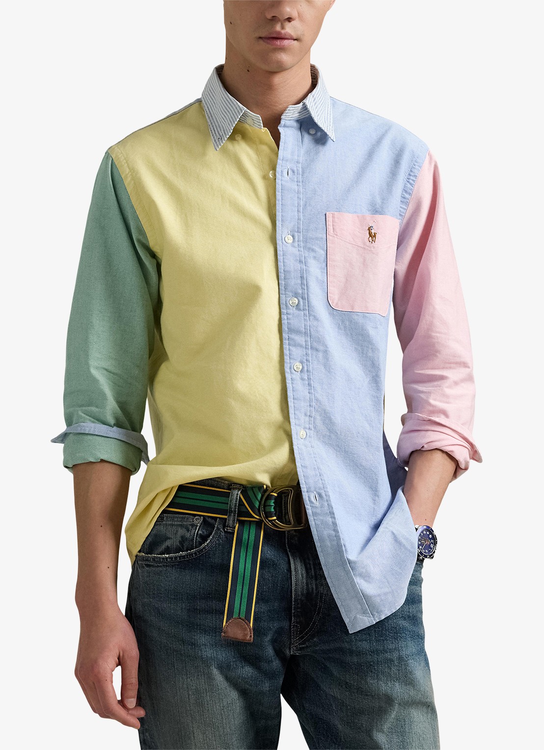 Ralph Lauren Custom fit overhemd met colour blocking en logoborduring - detail funshirt / geel