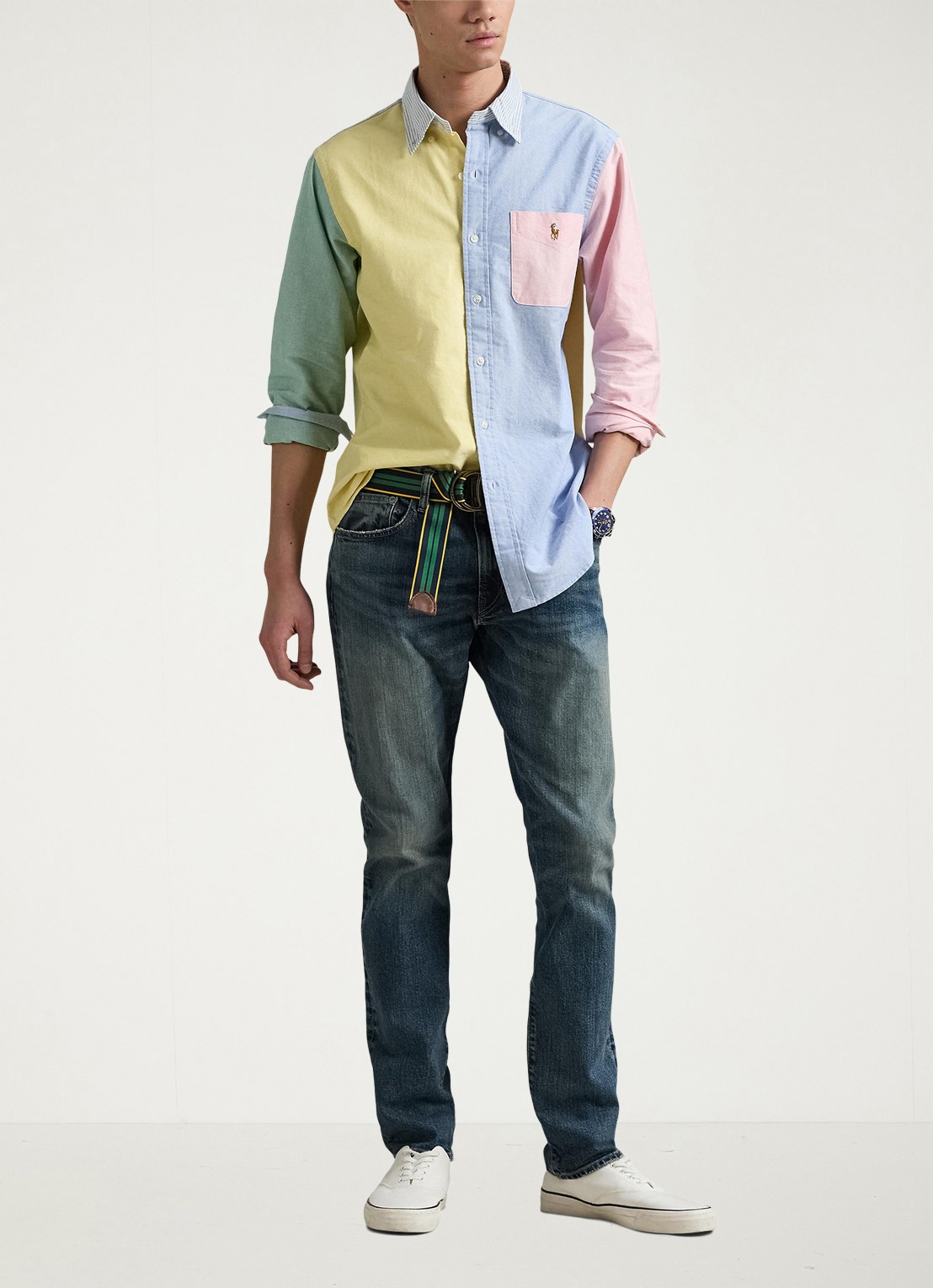 Ralph Lauren Custom fit overhemd met colour blocking en logoborduring - voorkant 4 funshirt / geel