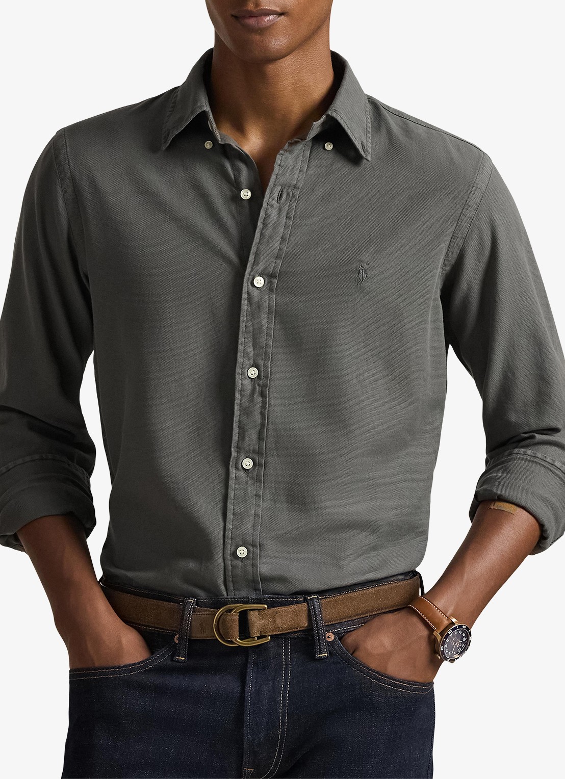 Ralph Lauren Custom fit overhemd met logoborduring - detail 4 dark metal / donkergrijs
