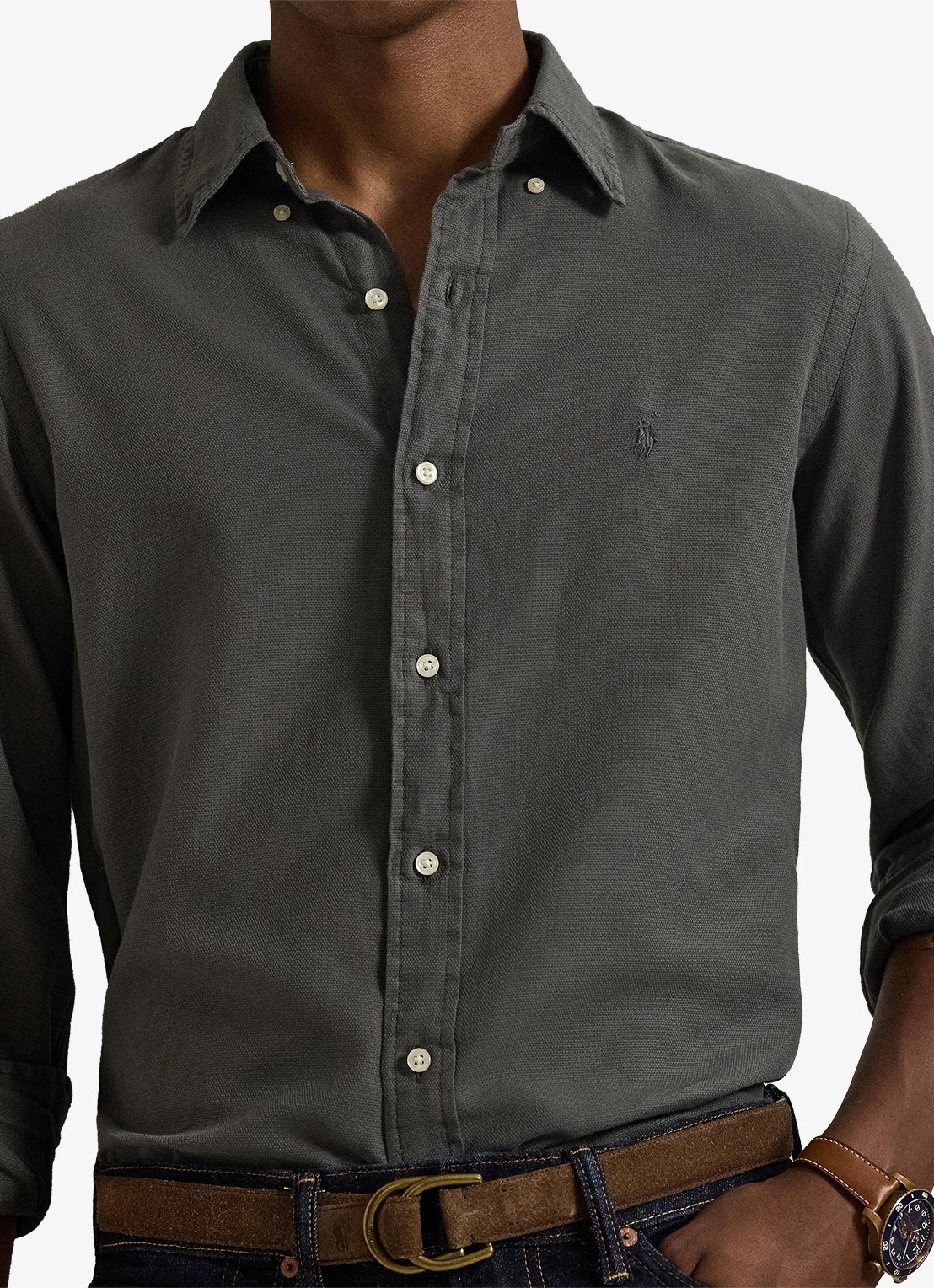 Ralph Lauren Custom fit overhemd met logoborduring - detail 5 dark metal / donkergrijs