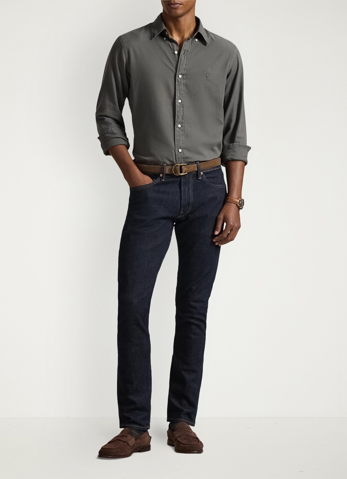 Ralph Lauren Custom fit overhemd met logoborduring - voorkant 2 dark metal / donkergrijs