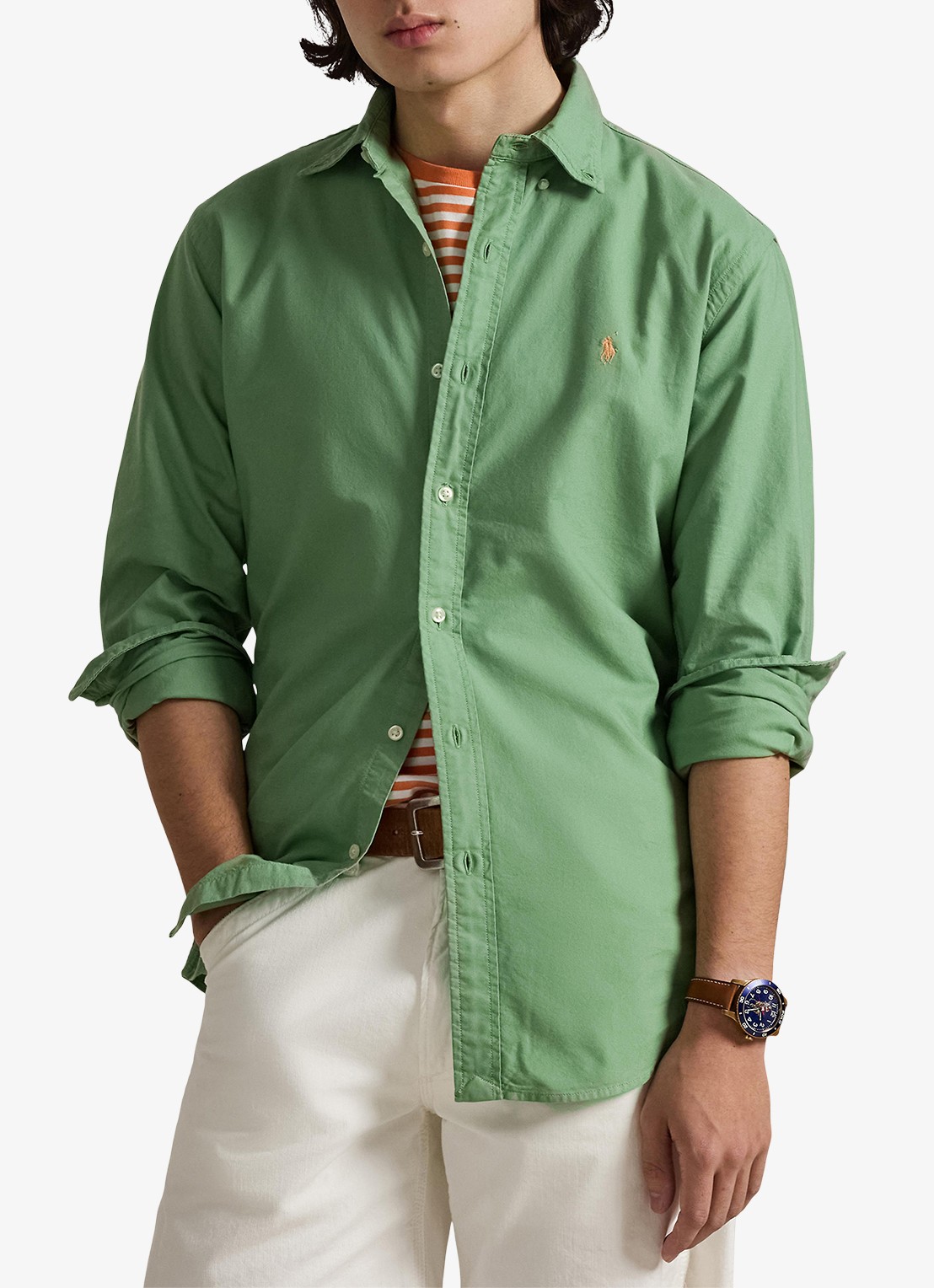 Ralph Lauren Custom fit overhemd met logoborduring - detail outback green / groen