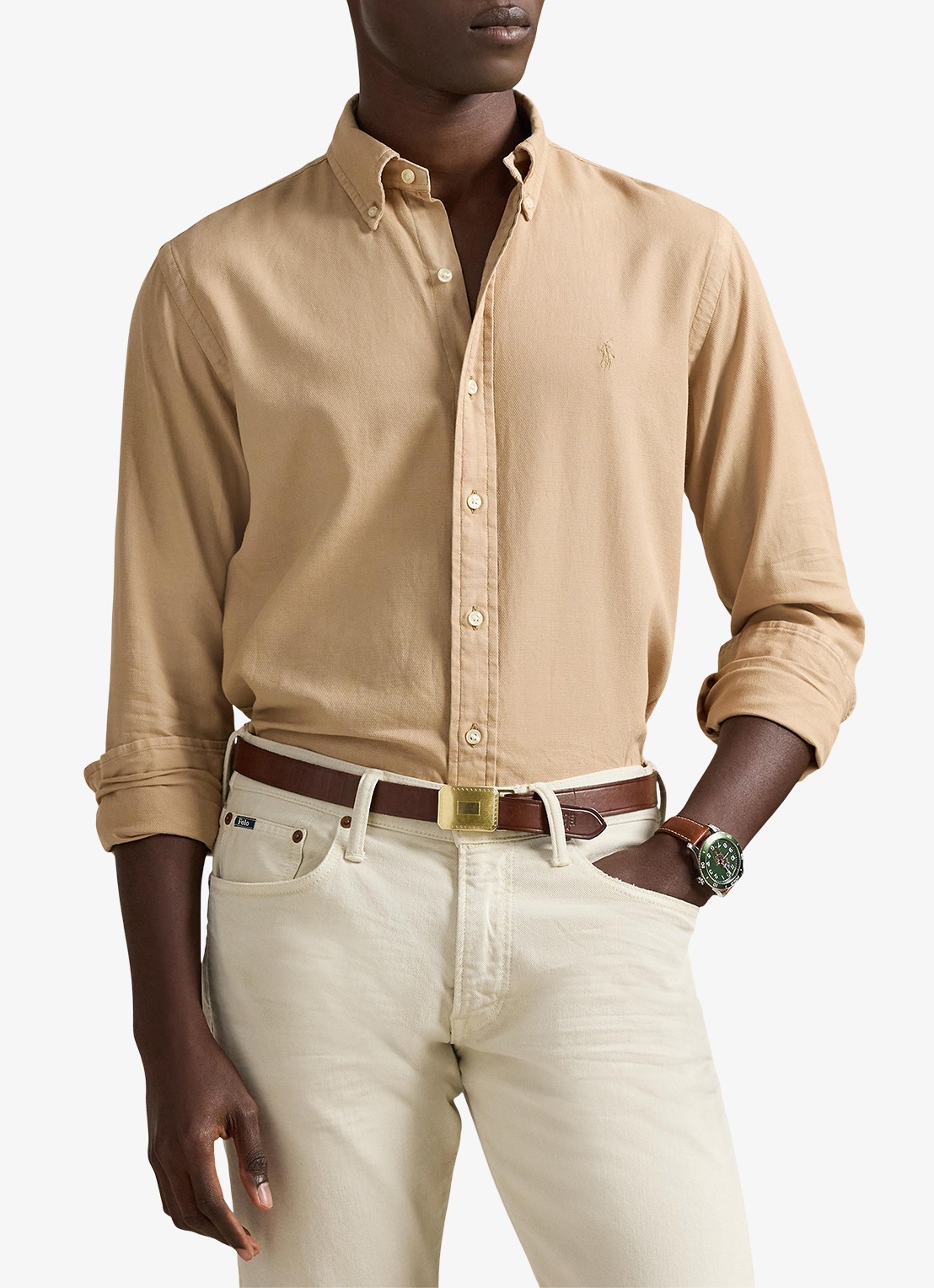 Ralph Lauren Custom fit overhemd met logoborduring - detail 3 surrey tan / bruin