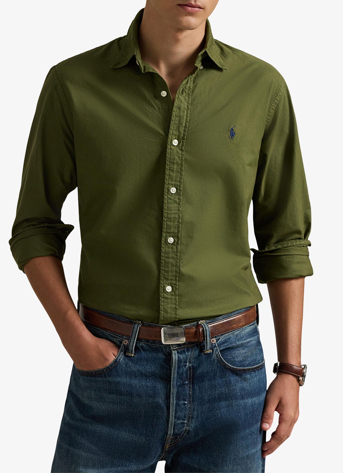 Ralph Lauren Custom fit overhemd met logoborduring - detail 4 new olive / olijfgroen