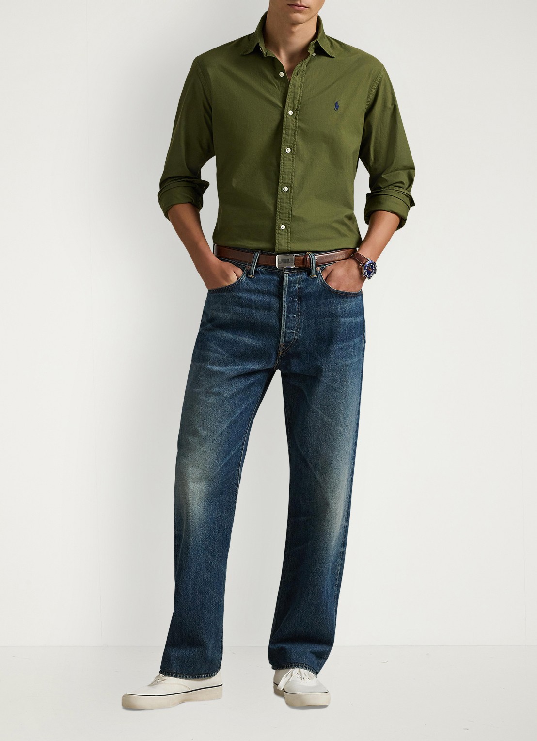 Ralph Lauren Custom fit overhemd met logoborduring - voorkant 3 new olive / olijfgroen