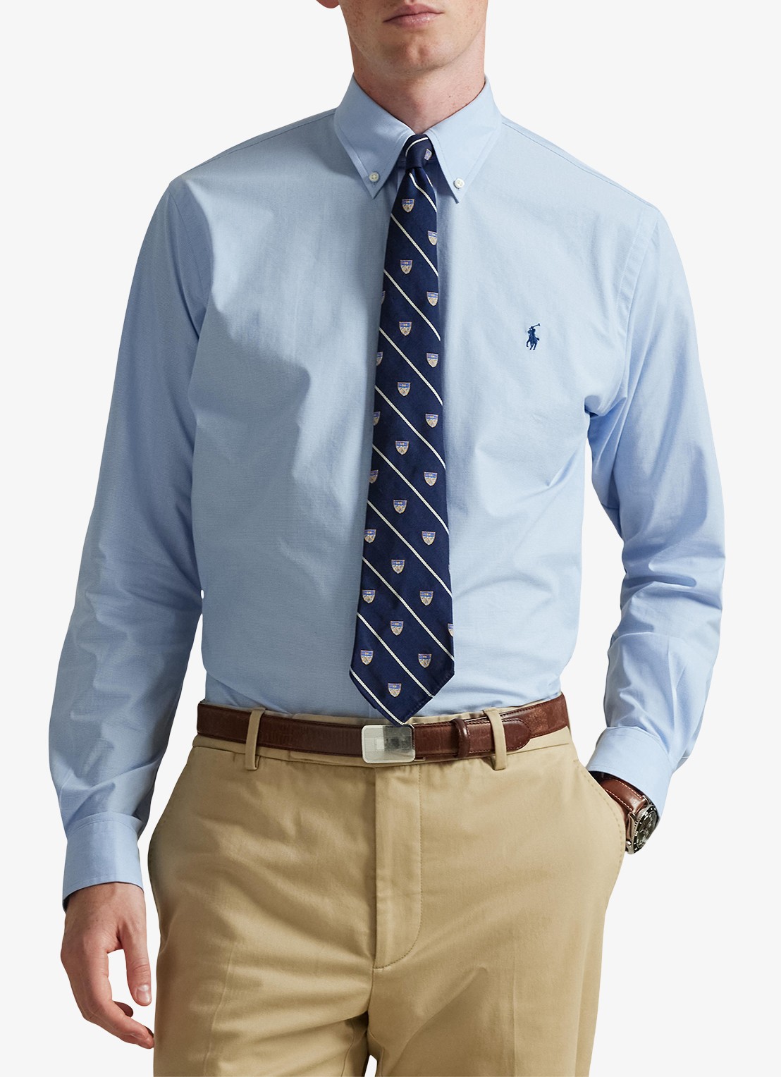 Ralph Lauren Custom fit overhemd met logoborduring - detail cabana blue white / lichtblauw