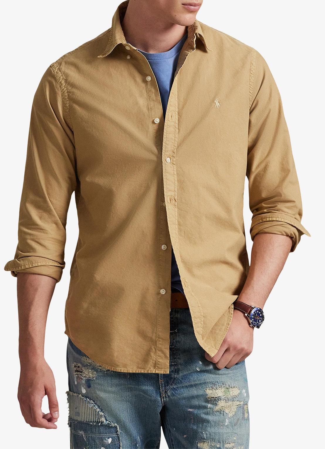 Ralph Lauren Custom fit overhemd met logoborduring - detail 4 cafe tan