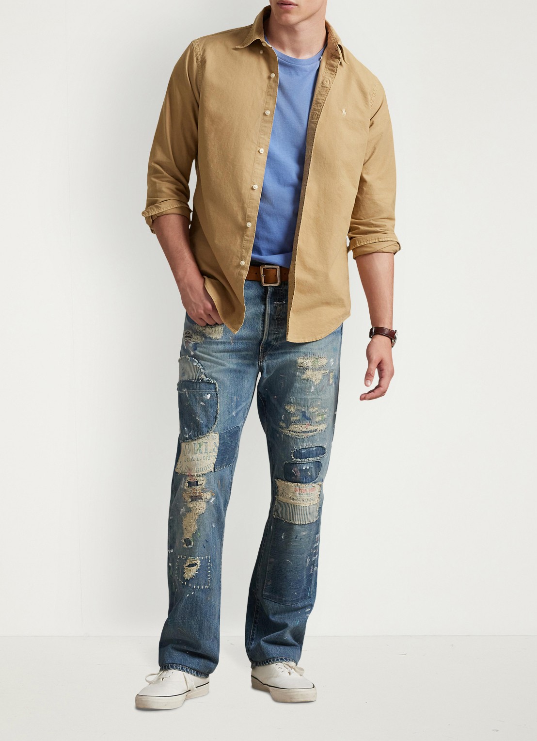 Ralph Lauren Custom fit overhemd met logoborduring - voorkant 2 cafe tan