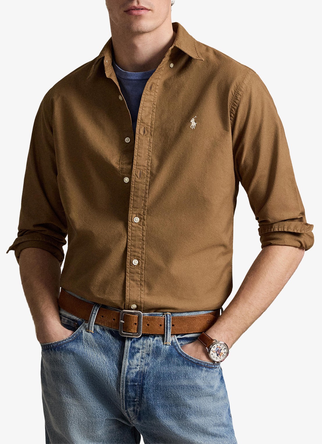 Ralph Lauren Custom fit overhemd met logoborduring - detail rl brown