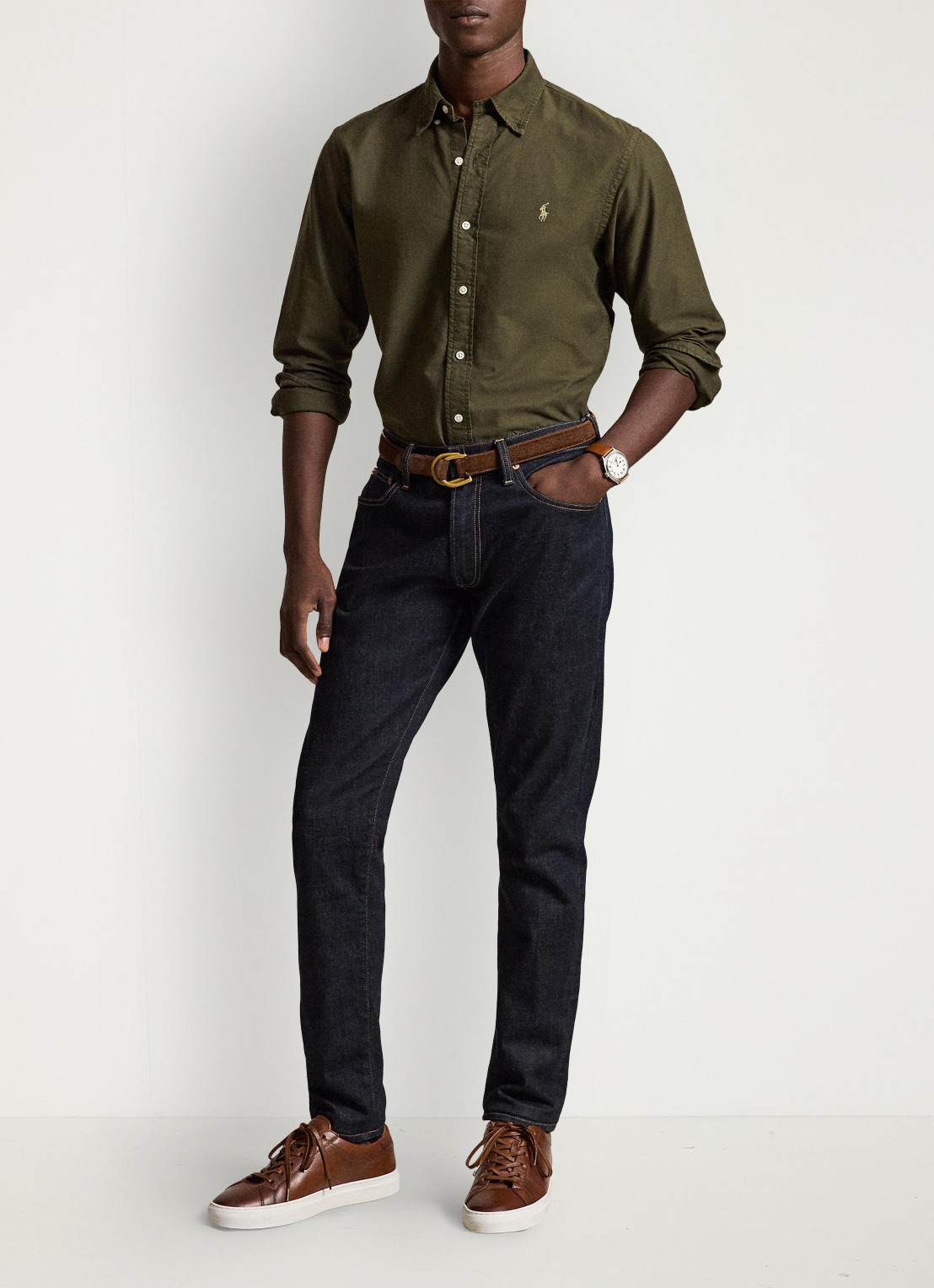 Ralph Lauren Custom fit overhemd met logoborduring - detail company olive / olijfgroen