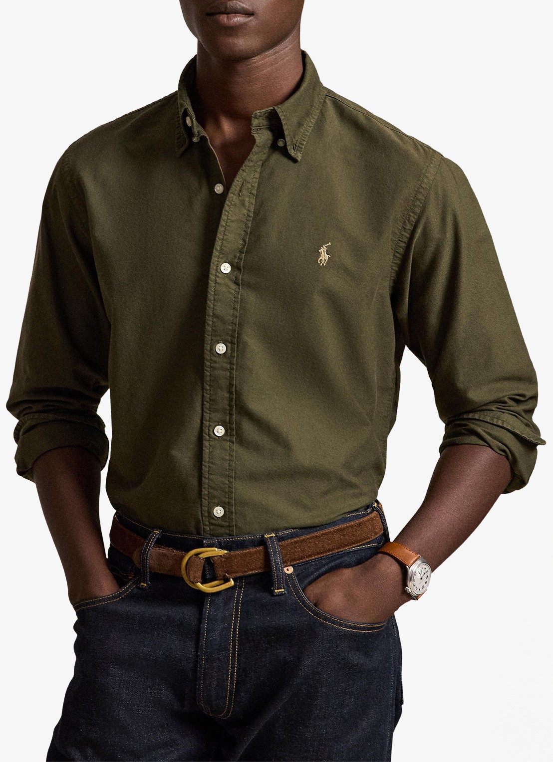 Ralph Lauren Custom fit overhemd met logoborduring - voorkant 5 company olive / olijfgroen