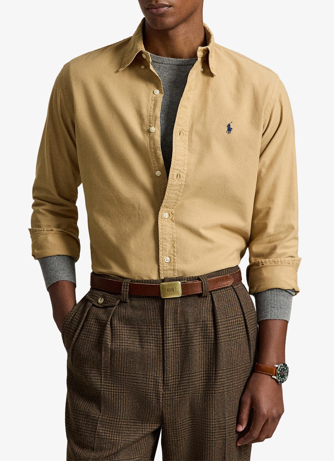 Ralph Lauren Custom fit overhemd met logoborduring - voorkant 2 classic camel / camel