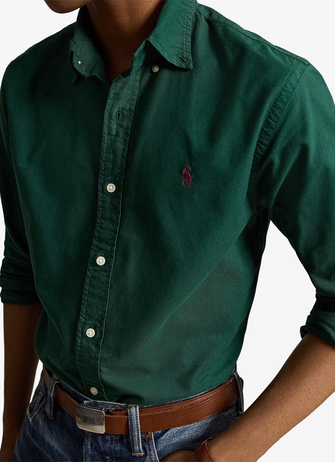 Ralph Lauren Custom fit overhemd met logoborduring - detail 4 moss agate / donkergroen
