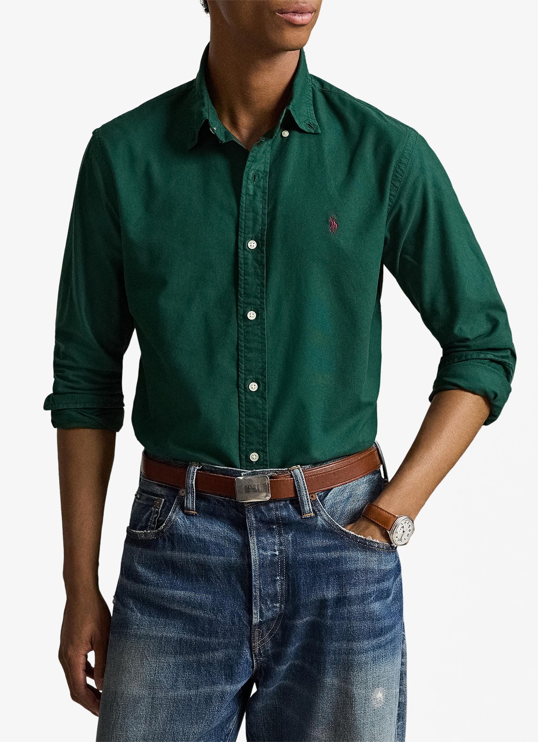 Ralph Lauren Custom fit overhemd met logoborduring - voorkant 2 moss agate / donkergroen