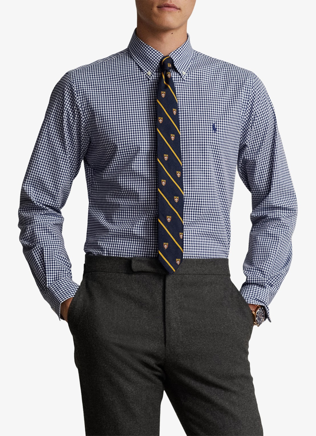 Ralph Lauren Custom fit overhemd met ruitdessin en logoborduring - voorkant 5 navy/white / donkerblauw