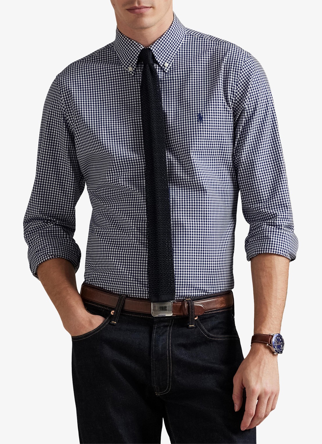 Ralph Lauren Custom fit overhemd met ruitdessin en logoborduring - detail 3 newport navy white / donkerblauw