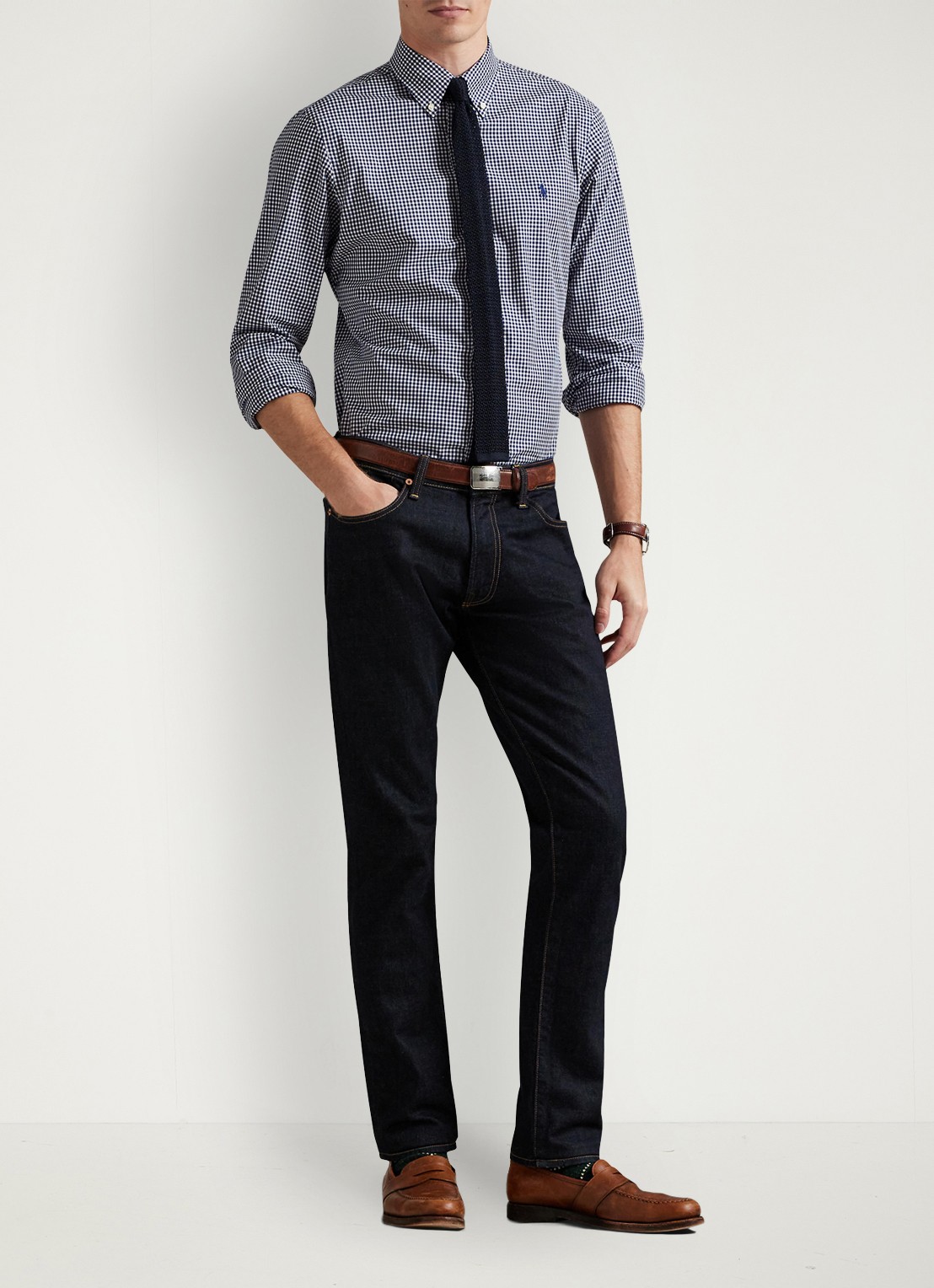 Ralph Lauren Custom fit overhemd met ruitdessin en logoborduring - voorkant 2 newport navy white / donkerblauw