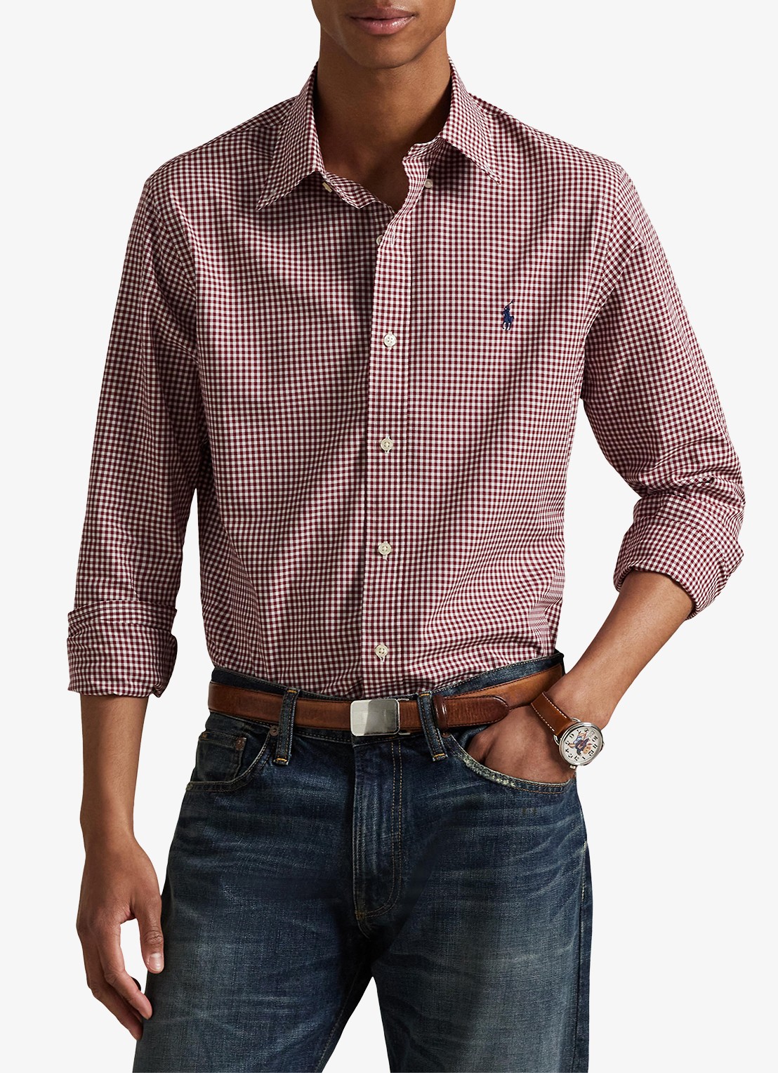 Ralph Lauren Custom fit overhemd met ruitdessin en logoborduring - detail 3 classic wine white / wijnrood