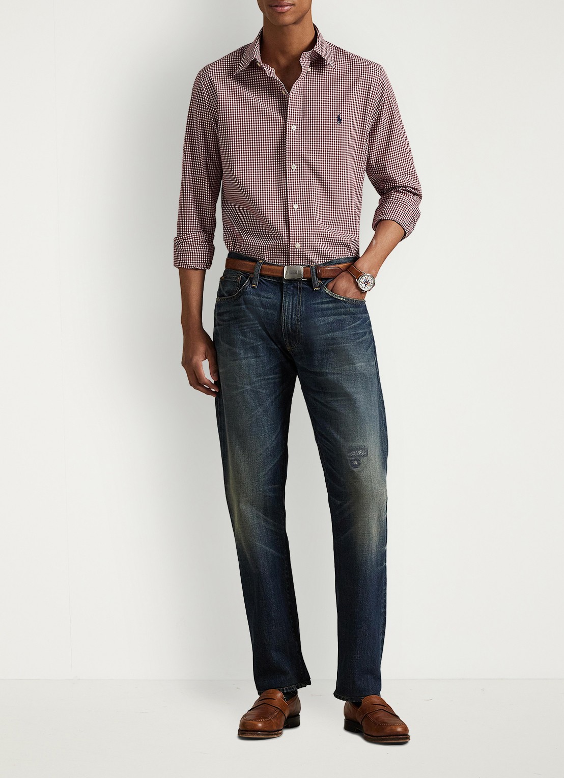 Ralph Lauren Custom fit overhemd met ruitdessin en logoborduring - voorkant 2 classic wine white / wijnrood