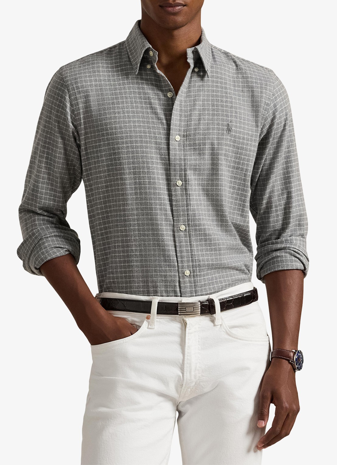 Ralph Lauren Custom fit overhemd met ruitdessin en logoborduring - detail grey heather / grijs