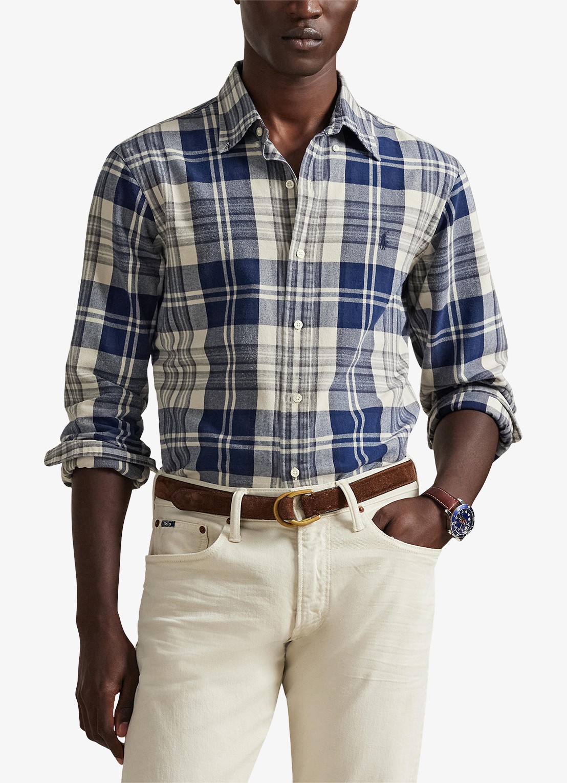 Ralph Lauren Custom fit overhemd met ruitdessin en logoborduring - detail 2 off white navy / blauw