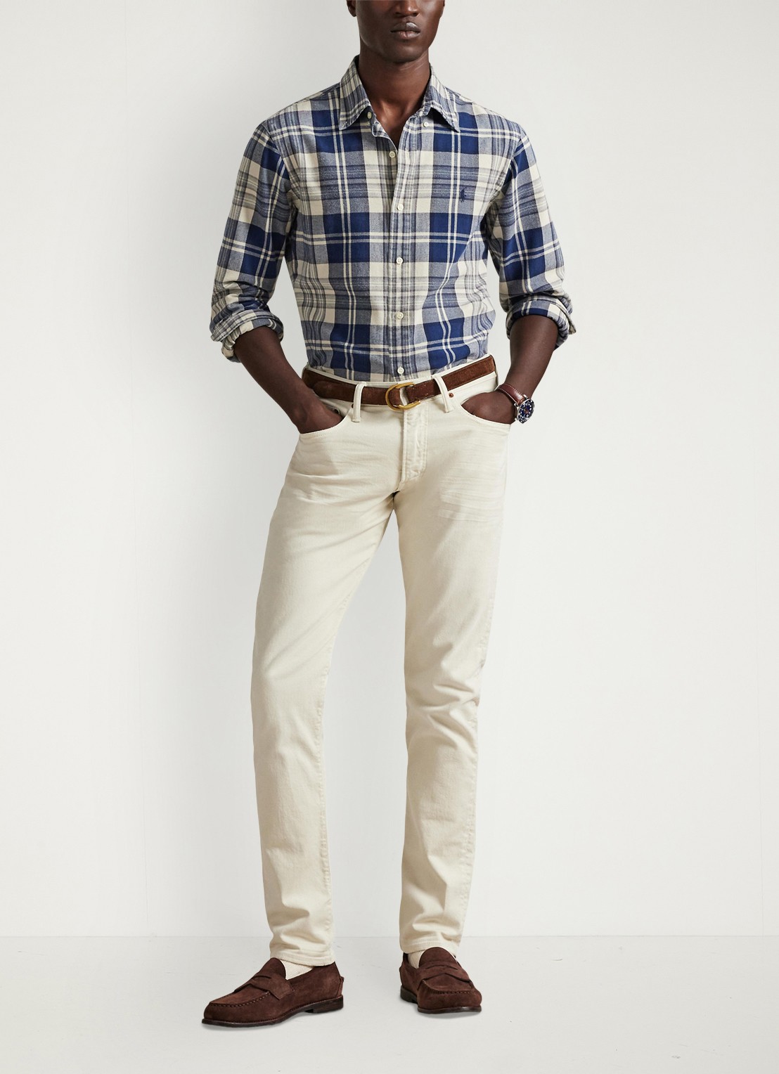 Ralph Lauren Custom fit overhemd met ruitdessin en logoborduring - voorkant 4 off white navy / blauw