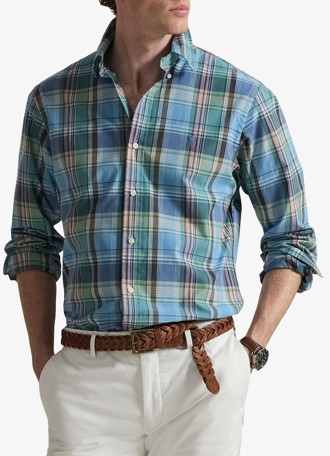 Ralph Lauren Custom fit overhemd met ruitdessin en logoborduring - detail blue brown / blauw