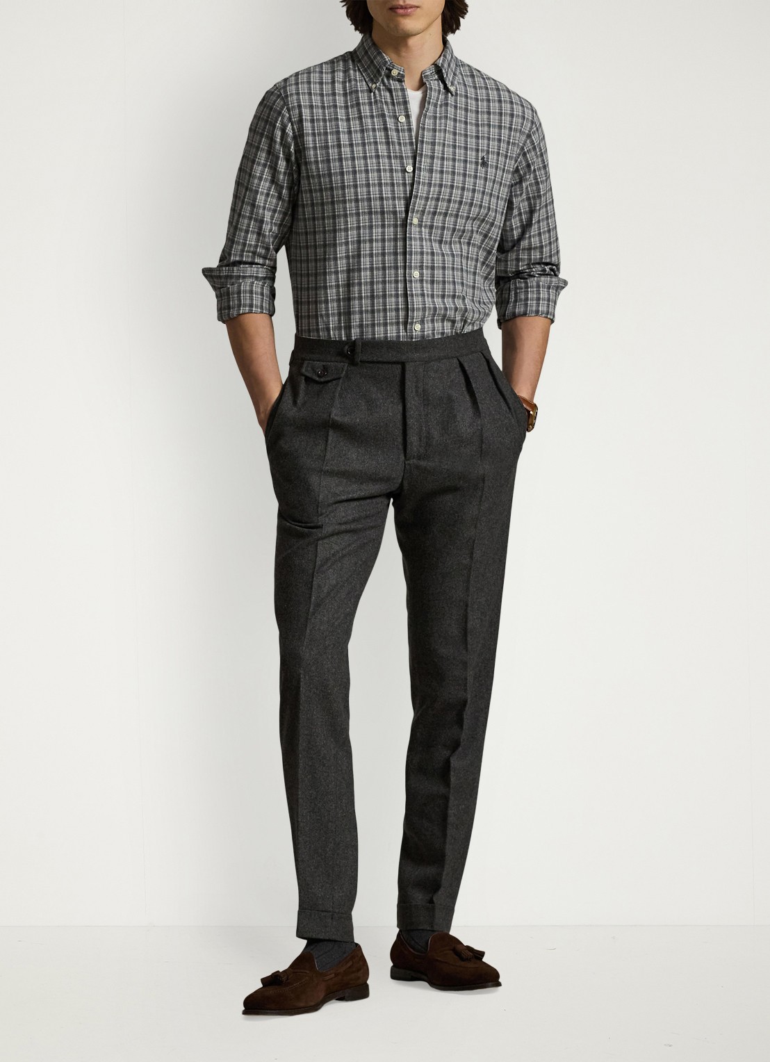 Ralph Lauren Custom fit overhemd met ruitdessin en logoborduring - voorkant 2 grey heather / grijs