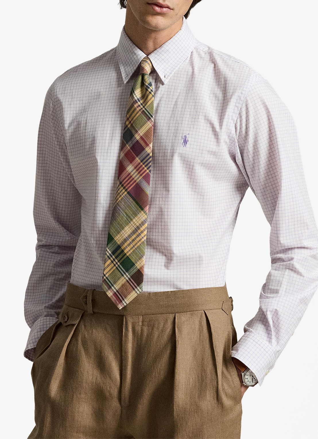 Ralph Lauren Custom fit overhemd met ruitdessin - voorkant 5 powder purple white / paars