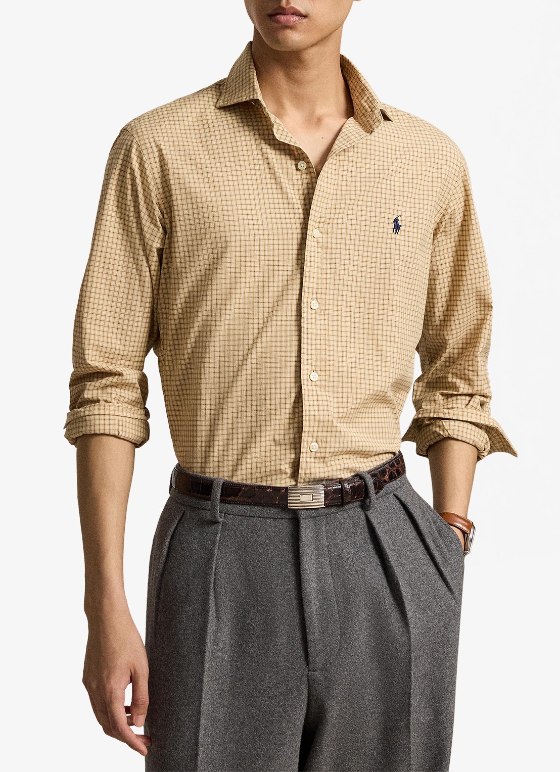 Ralph Lauren Custom fit overhemd met ruitdessin - voorkant 4 classic camel wht multi / camel
