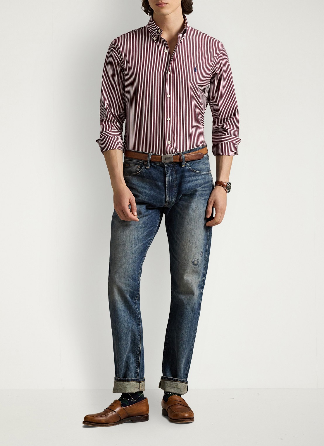 Ralph Lauren Custom fit overhemd met streepprint - voorkant 4 classic wine white / wijnrood