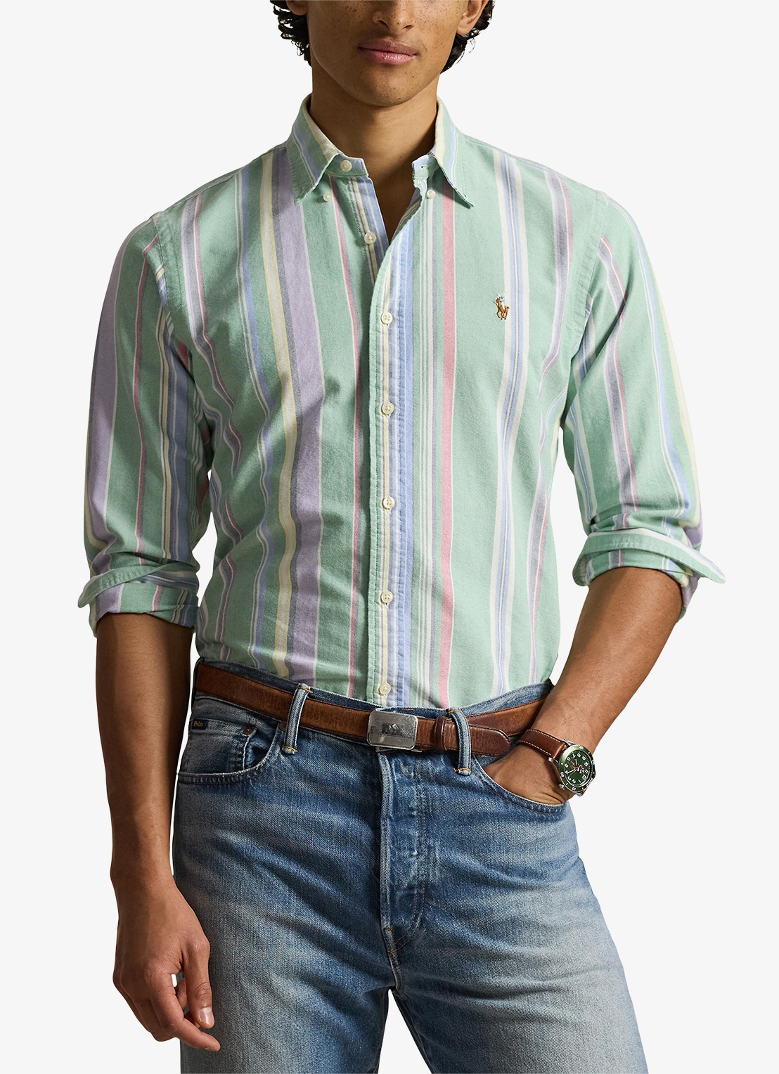 Ralph Lauren Custom fit overhemd met streepprint  - detail 4 lindegroen