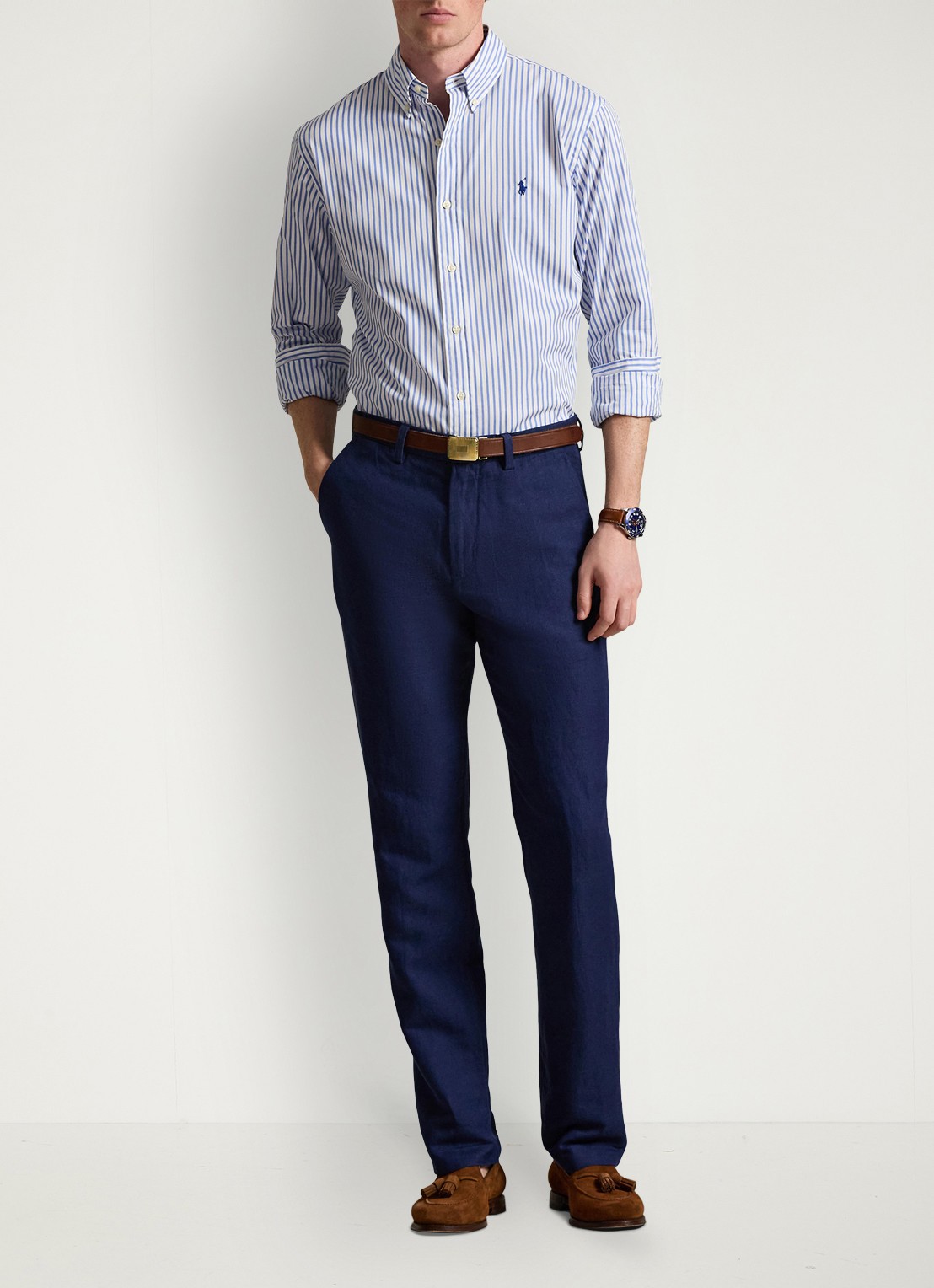 Ralph Lauren Custom fit overhemd met streepprint - voorkant 5 white blue / lichtblauw