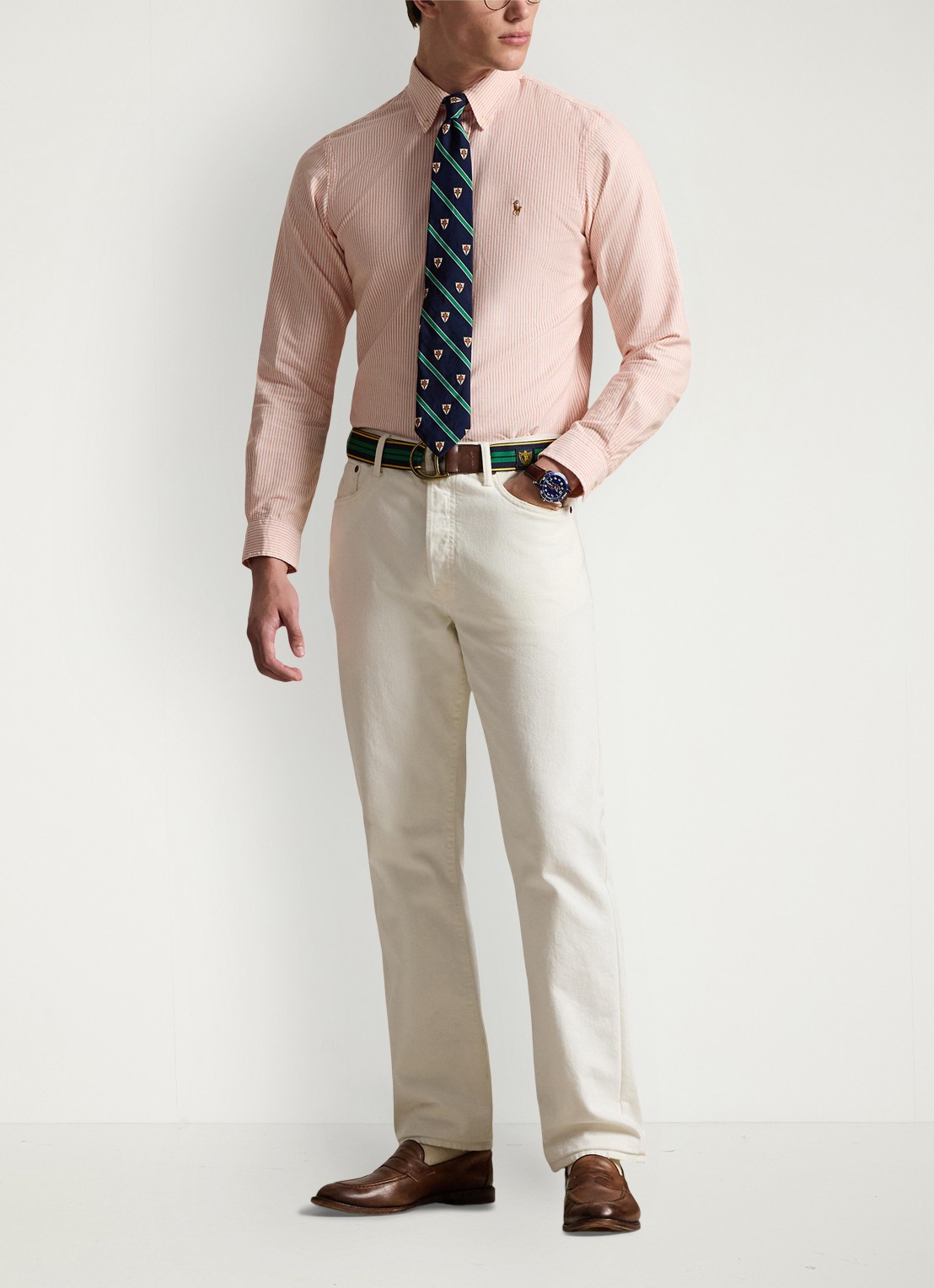 Ralph Lauren Custom fit overhemd met streepprint - voorkant 4 peach / white / zalmroze