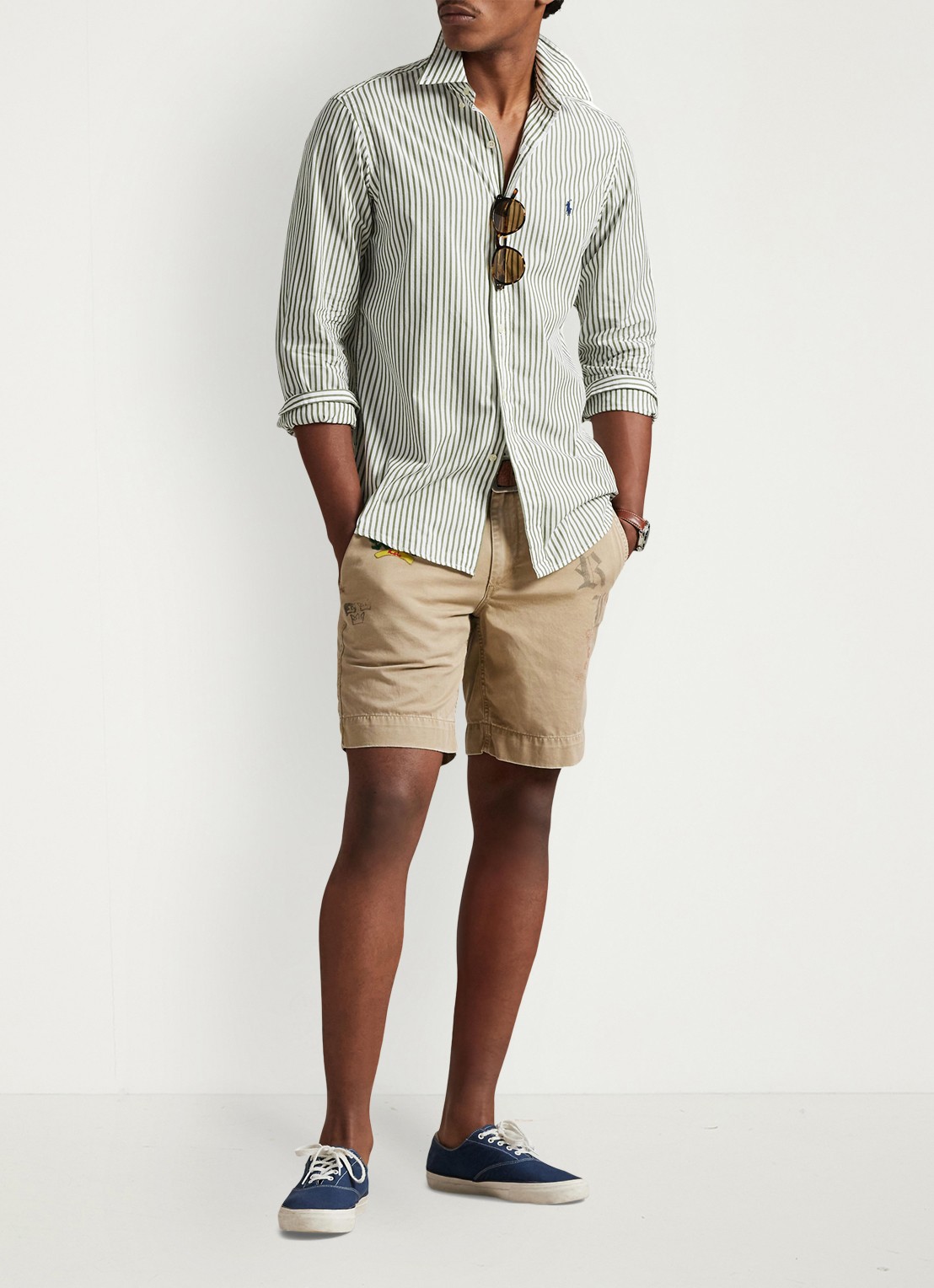 Ralph Lauren Custom fit overhemd met streepprint - voorkant 5 white garden trail / groen