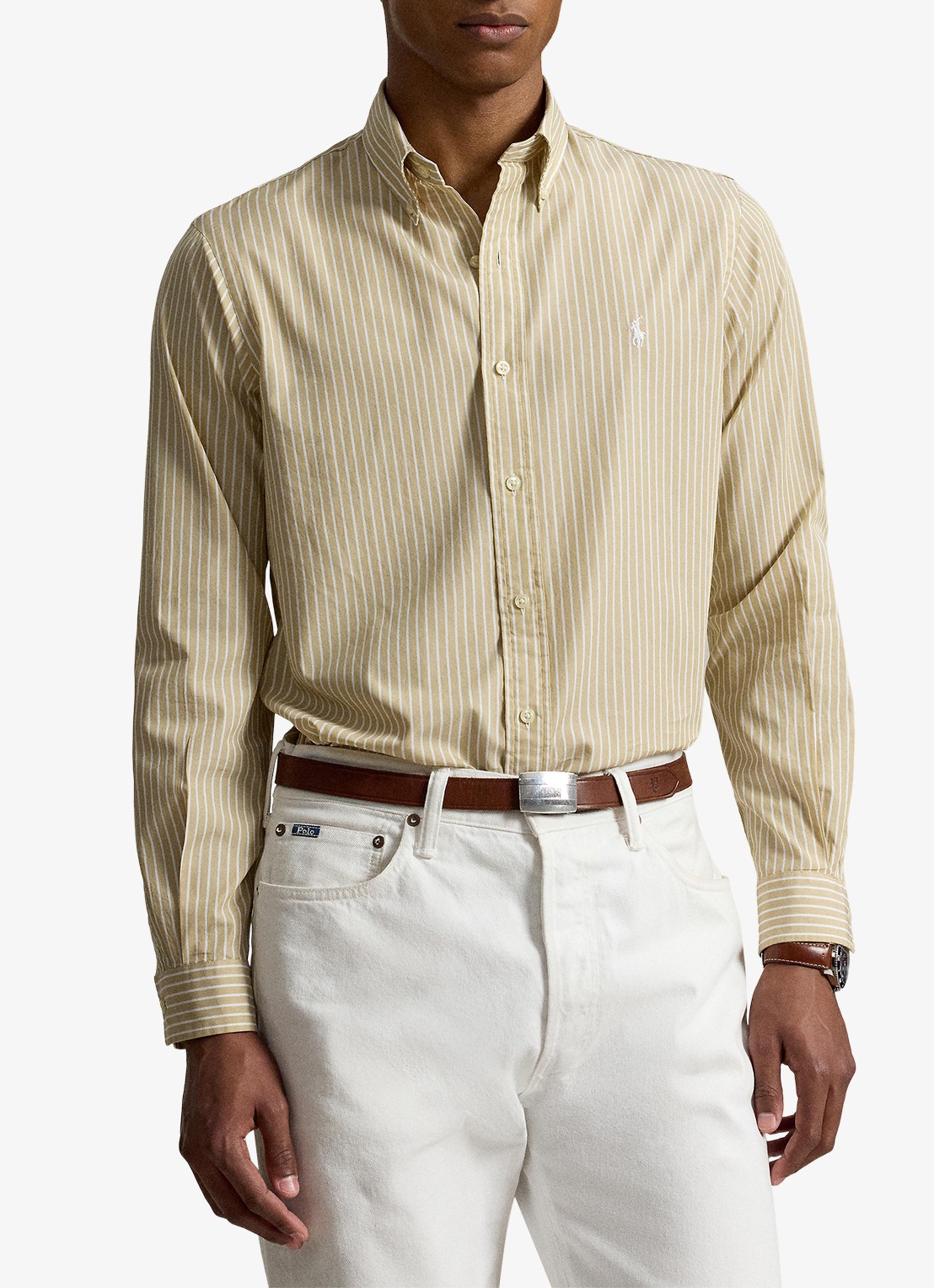 Ralph Lauren Custom fit overhemd met streepprint - voorkant 2 coastal beige white / beige