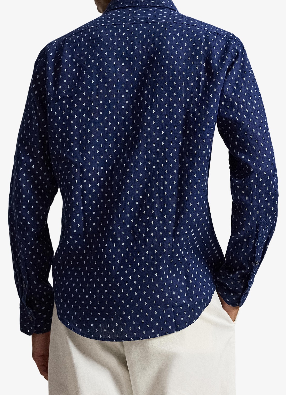 Ralph Lauren Custom fit overhemd van linnen met geometrische print - achterkant newport geo / donkerblauw