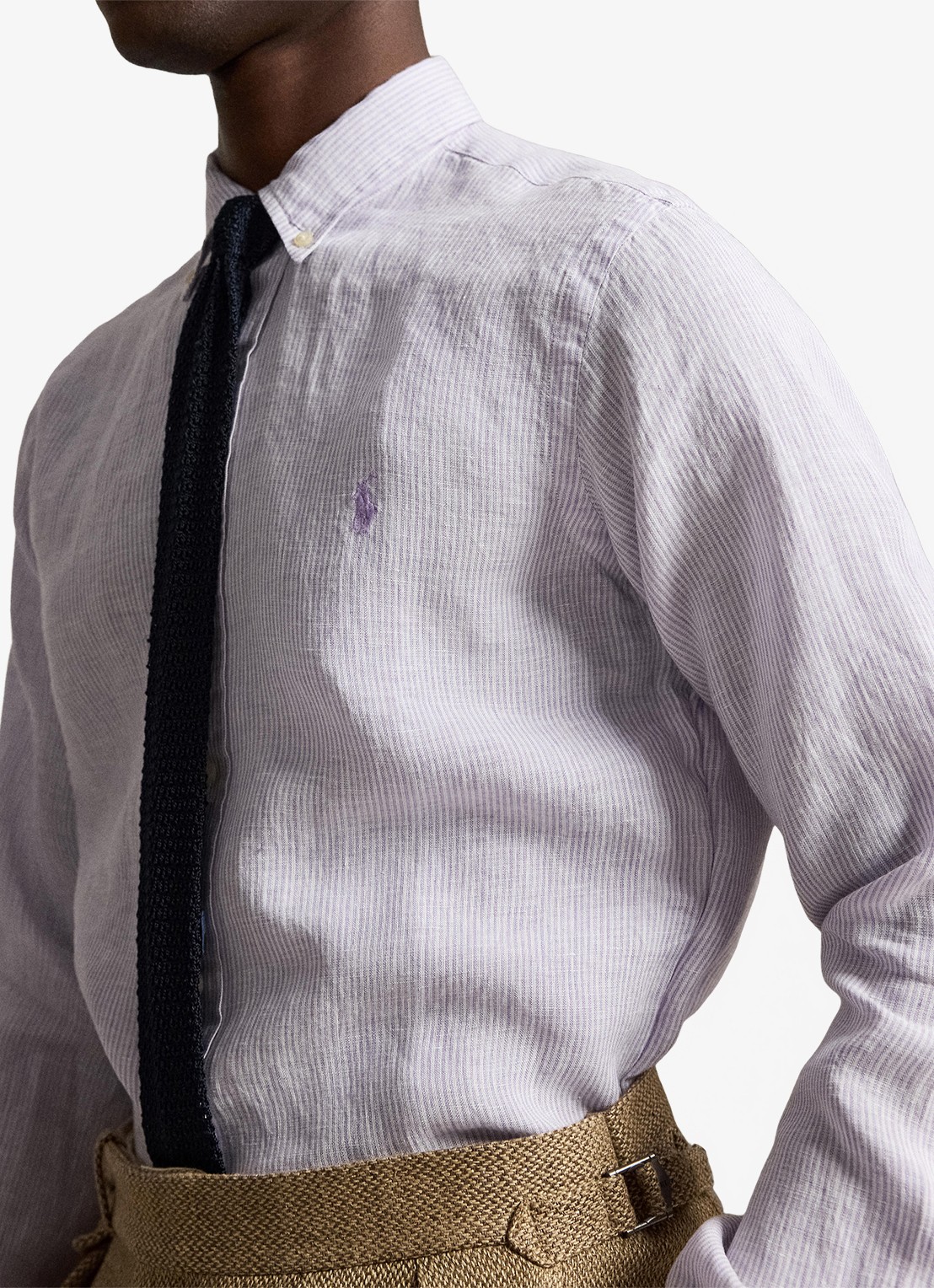 Ralph Lauren Custom fit overhemd van linnen met streepprint - detail 5 powder purple/white / paars