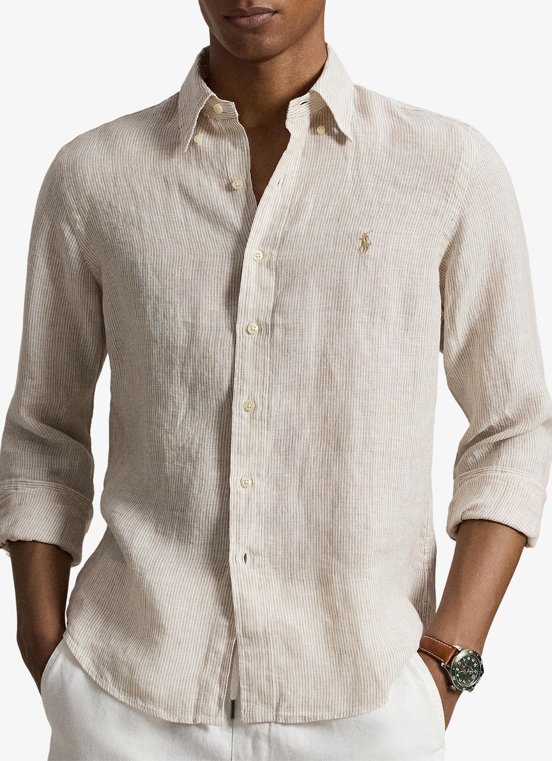 Ralph Lauren Custom fit overhemd van linnen met streepprint - voorkant 2 coastal beige/white / beige