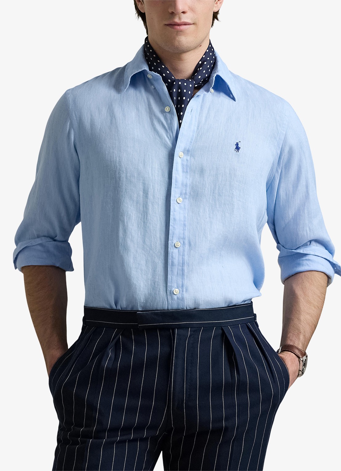 Ralph Lauren Custom Fit overhemd van linnen - detail office blue / blauw